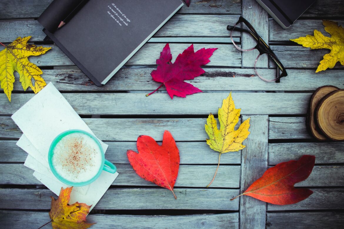 Book, coffee, glasses and autumnal leaves on an outdoor wooden table. qualifications